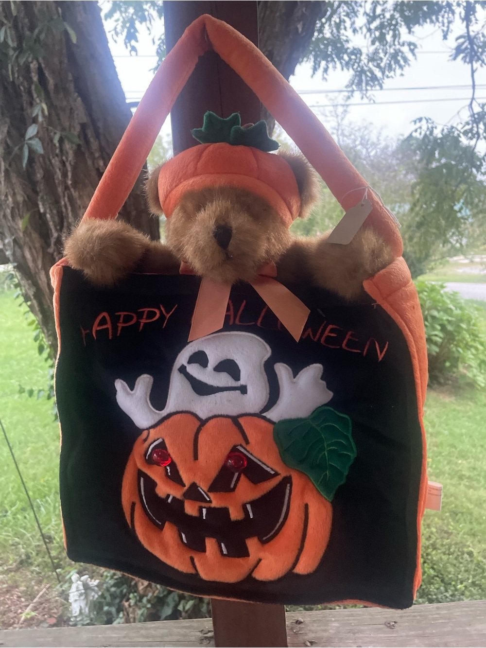 Dillard’s exclusive Halloween Pumpkin Plush Bear inside a Trick-or-Treat Bag